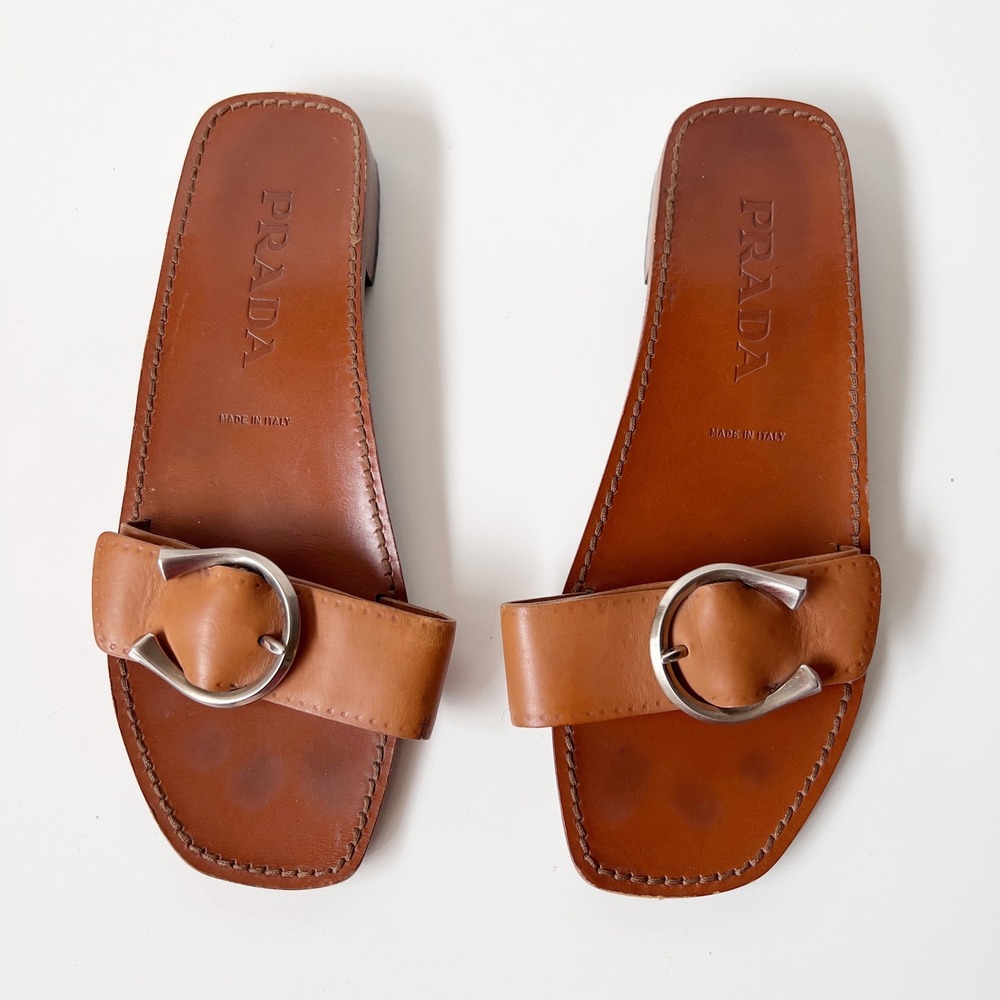 Prada Sandals 39 8 Brown Leather Horseshoe Buckle Square Toe Flat Slides - Picture 1 of 10